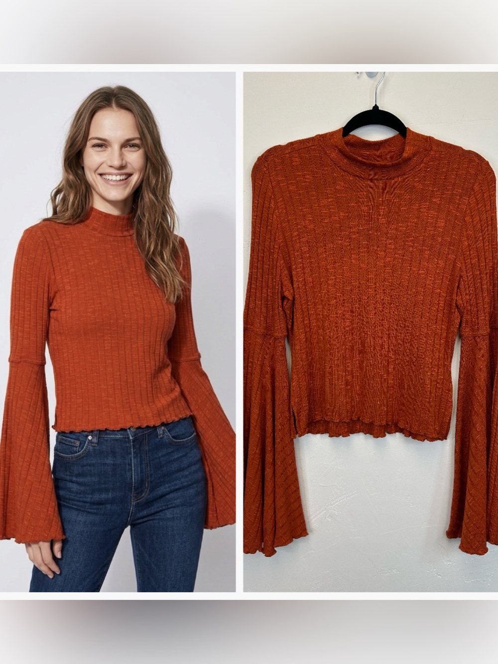Retro Rust Bell Sleeve Knit Top Western Boho Nashville Festival Hippie Size M